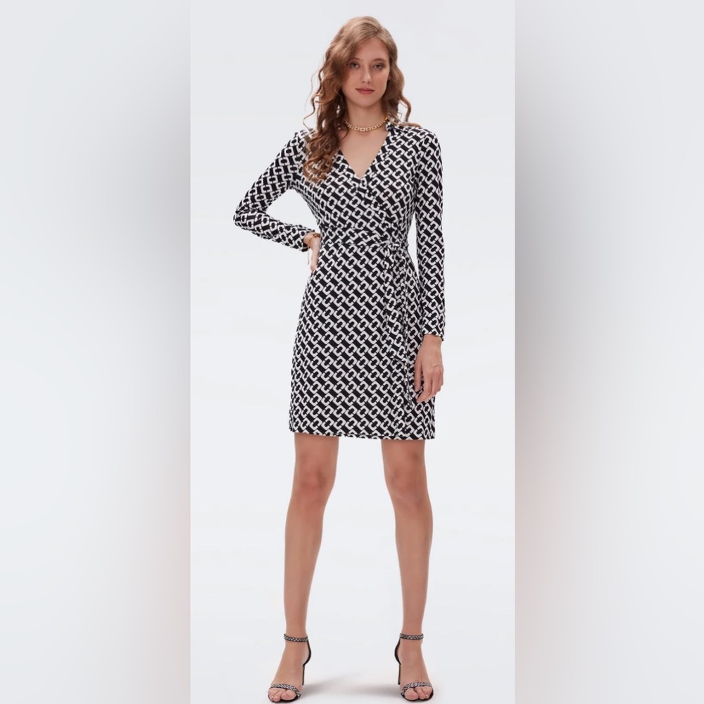 Diane Von Furstenberg Wrap Dress Chain Link Medium Black